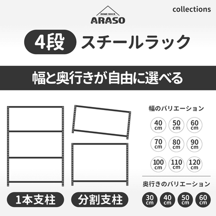 ARASOの4段スチールラック｜家庭用から業務用までこなす標準モデル。頑丈さ重視の1本支柱か、分割利用可能な支柱か選べる全サイズ一覧。幅40〜120cm・奥行30〜60cm