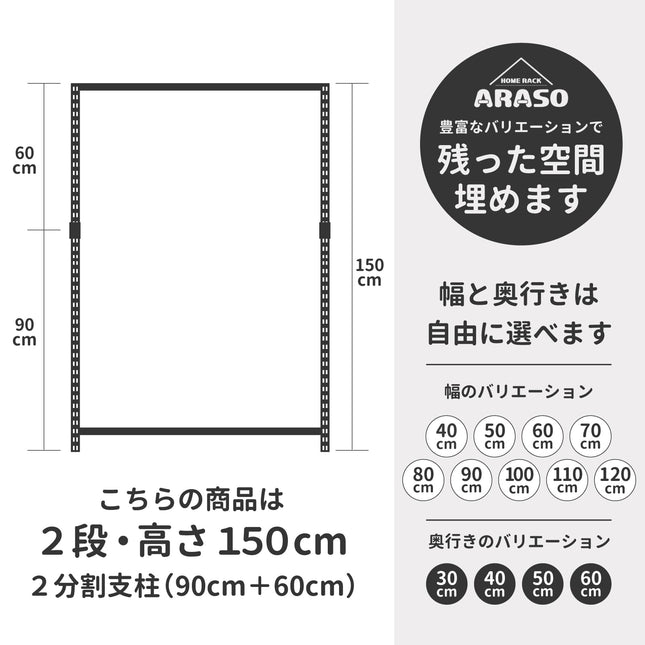 スチールラック 150cm 2段 分割して使う ARASO。90cmと60cmの支柱を連結。将来は2台のローボードへ組み替え可能な変形メタルラック。10cm単位のサイズ指定で隙間にシンデレラフィット。