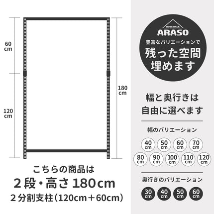 スチールラック 180cm 2段 分割して使う ARASO。120cmと60cmの支柱を連結。将来は作業台とローボードの2台へ組み替え可能な変形メタルラック。10cm単位のサイズ指定で隙間にシンデレラフィット。