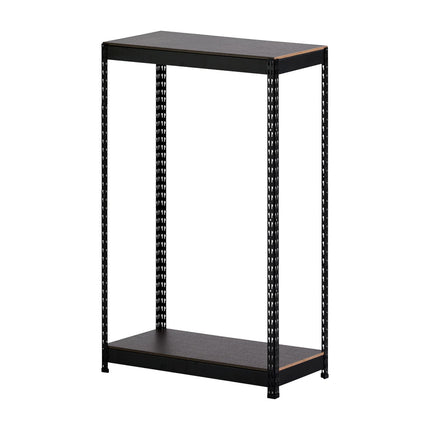 高さ210cm 2段 分割して使えるスチールラック ブラック単体。120cmと90cmの支柱を連結。10cm刻みのサイズ指定で隙間を大容量収納へ変えるマットなブラックメタルラック。