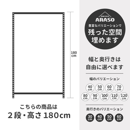 スチールラック 180cm 2段 サイズ表。10cm単位の幅・奥行き選択で冷蔵庫上や隙間に『必然のシンデレラフィット』を叶えるメタルラック。