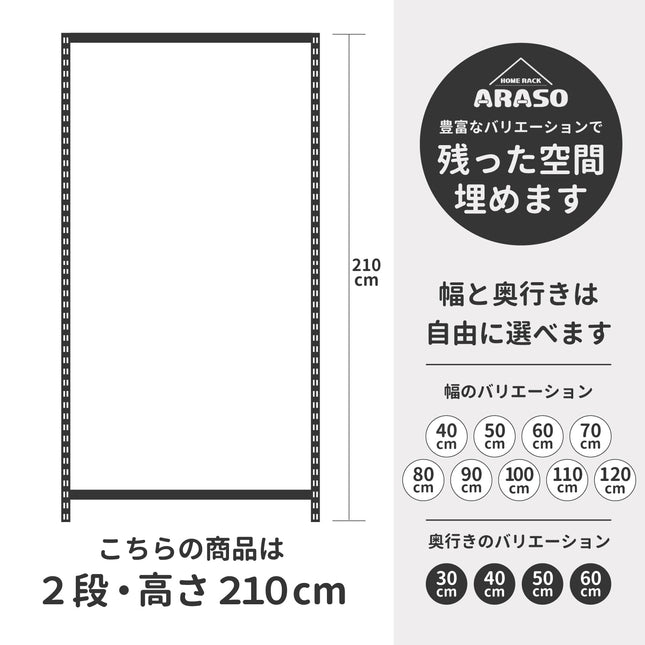 スチールラック 210cm 2段 サイズ表。10cm単位の幅・奥行き選択で、大型冷蔵庫上や天井までの隙間に『必然のシンデレラフィット』を叶えるメタルラック。