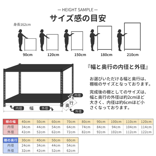 スチールラック 180cm 2段 高さ比較 ARASO。身長162cmモデルとの対比。冷蔵庫上や大型家電の上を有効活用できる、天井付近まで届く大容量のメタルラック。