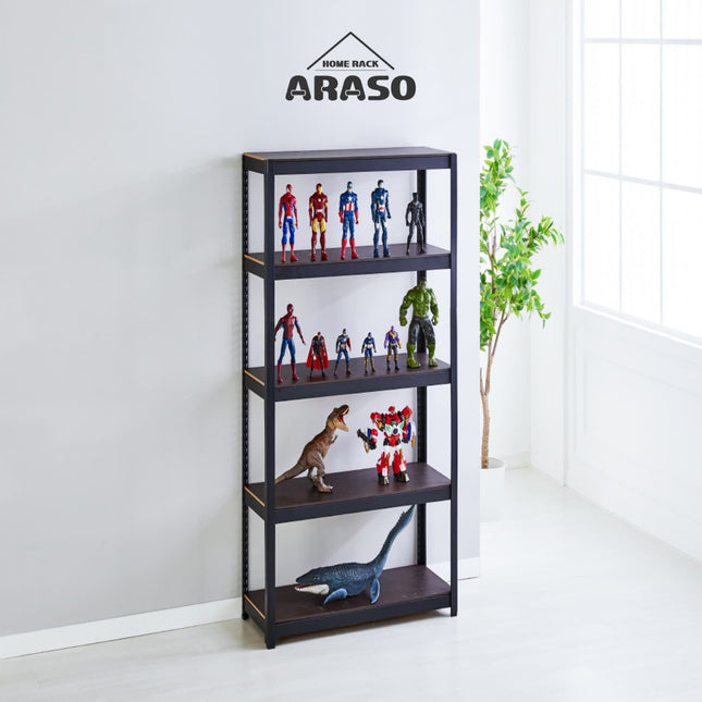 ARASO スチールラック 60cm 高さ 2段｜ホビーやフィギュアのローポジション展示台として最適なブラックラック。業務用品質の揺れない頑丈構造とリバーシブル木目天板で、大切なコレクションに『必然のシンデレラフィット』を提供。