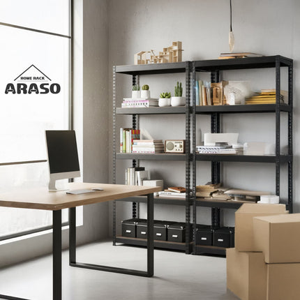 ARASO スチールラック 60cm 高さ 2段｜書斎やオフィスのデスク横に最適なブラックのローラック。PC周辺機器や書類ボックスをすっきり配置し、業務用品質の高い剛性で作業スペースに『必然のシンデレラフィット』を実現。