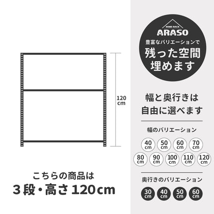 ARASO 3段スチールラック 120cm サイズ目安｜1本支柱（通し支柱）の安定感で作業台や調理台としての使用に最適。10cm刻みの幅・奥行バリエーションで、リビングの隙間にシンデレラフィットするプロ仕様棚。