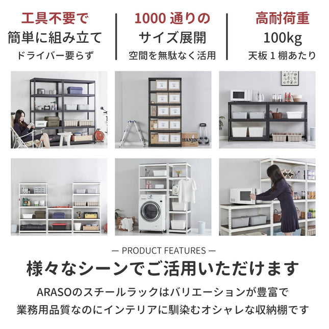 ARASO スチールラック 3段 高さ60cm マルチシーン活用例｜工具・ドライバー不要の簡単組み立て。耐荷重100kgのタフさを活かし、リビングのサイドボード、デスク下、キッチン家電台、ガレージ工具置き場、ランドリー収納まで幅広く活躍する万能ラック。