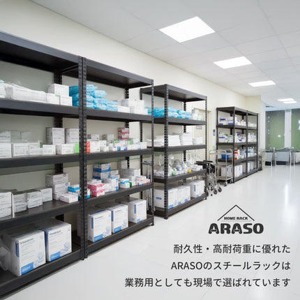 ARASO スチールラック 3段 高さ60cm シリーズ業務用・医療施設活用例｜高さ60cmロータイプと同じ高剛性・高耐荷重設計。クリニックや調剤薬局、バックヤードで医薬品ストック棚として活躍し、台車や医療機器が行き交うタフな現場でも揺るぎない安定感を発揮するメタルラック。