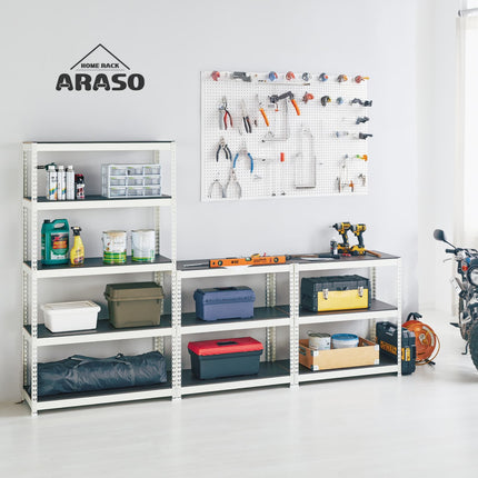 ARASO スチールラック 3段 高さ60cm ガレージ・DIY作業場でのシリーズ活用例｜高さ60cmローラックを作業台やツール置き場として、ハイタイプと組み合わせて空間を機能的に構築。電動工具やオイル缶など重量物をたわまず支える高耐荷重スチールシェルフ。