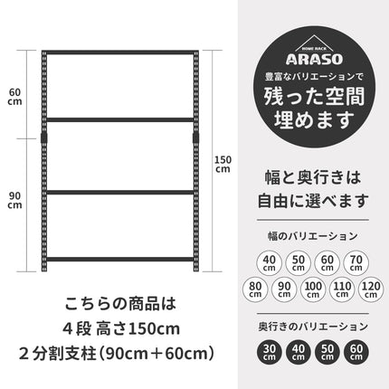 ARASOスチールラック 4段 高さ150cm サイズ詳細図 幅40-120cm 奥行30-60cm 2分割支柱仕様