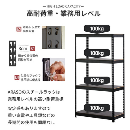 ARASOスチールラック 耐荷重100kg/段 業務用レベル 高耐久 ボルトレス構造で簡単設置
