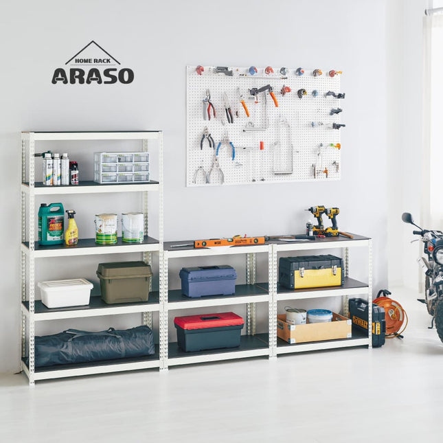 ARASOスチールラック ガレージ収納事例 工具や塗料の整理整頓 ワークベンチとしての活用
