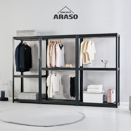 ARASOスチールラック 大容量ワードローブ構築例 連結してウォークインクローゼット風に収納