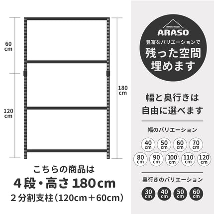 ARASOスチールラック 4段 高さ180cm サイズ詳細図 幅40-120cm 奥行30-60cm 2分割支柱(120cm+60cm)