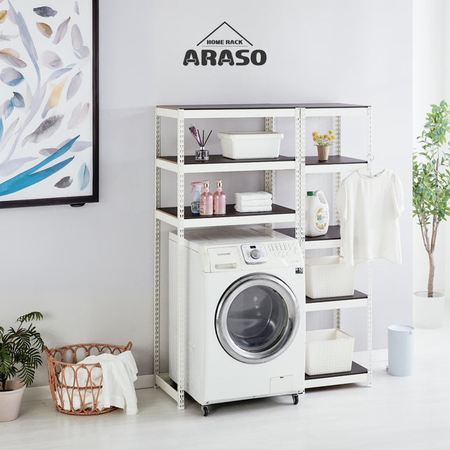 ARASOスチールラック ランドリーラック活用事例 高さ180cmで洗濯機上のデッドスペース収納 白フレーム