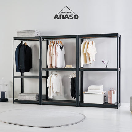 ARASOスチールラック 大容量ワードローブ構築例 連結して壁面クローゼット化 家族全員の衣類収納