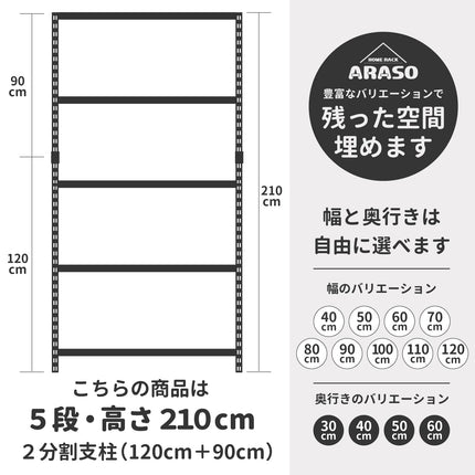 ARASO 業務用品質スチールラック 5段 210cm。高さがあるからこそ、決まった設置幅を最大限に活かせる大容量設計。120cmと90cmにスチールラックを分割して使うことが可能な分割支柱タイプ。
