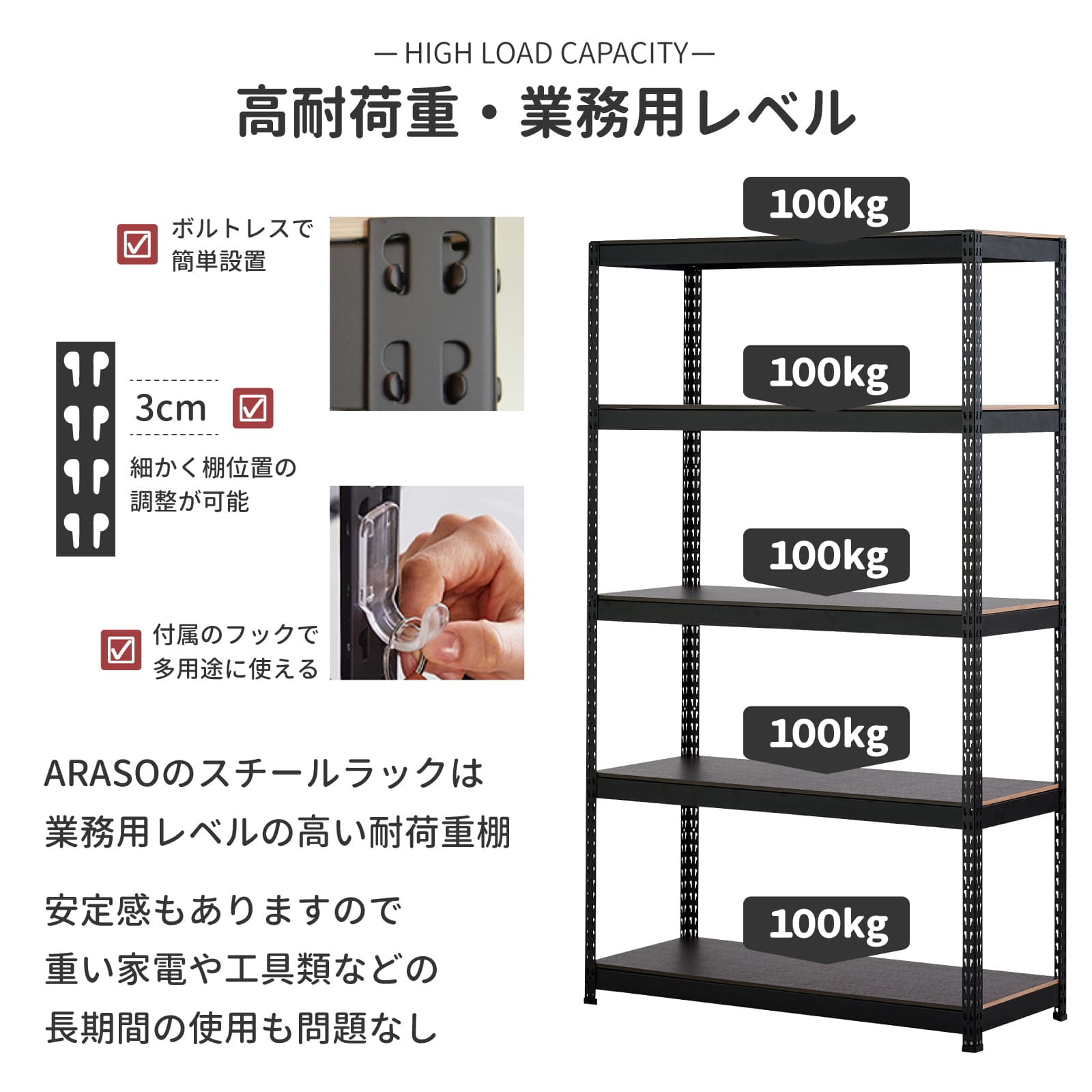 ARASO スチールラック 5段 高さ210cm 1本支柱タイプ｜送料無料｜ARASO