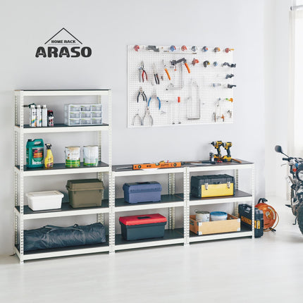スチールラック 6段 高さ210cm ARASO ガレージ収納｜120cmのメイン棚と90cmの作業台に分割して使うことが可能な分割支柱タイプ。工具やパーツを細かく仕分け、趣味の空間をプロ仕様の作業場へ格上げ。