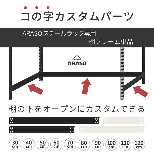 ARASO（アラソ）スチールラック専用のコの字（この字）カスタム棚フレーム単品パーツ。30cmから120cmまでの豊富なサイズバリエーション展開。