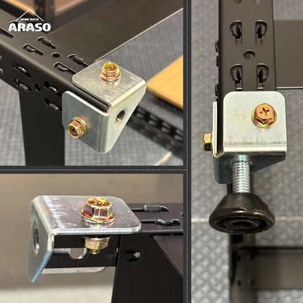 ARASOスチールラックのアジャスター取り付け詳細画像。専用ブラケットをラック脚のキーホールにネジとナットで強固に固定する手順を複数の角度から示す。アジャスター後付け用のブラケット固定工程。