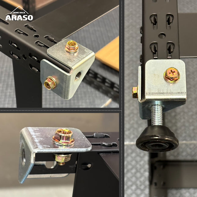 ARASOスチールラックのアジャスター取り付け詳細画像。専用ブラケットをラック脚のキーホールにネジとナットで強固に固定する手順を複数の角度から示す。アジャスター後付け用のブラケット固定工程。